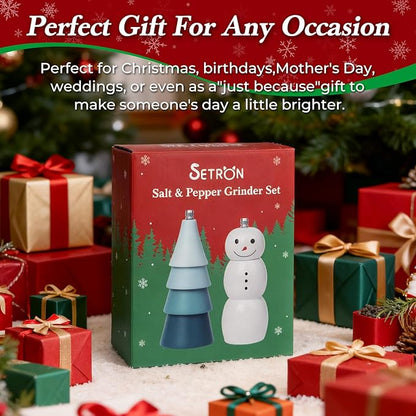 Christmas Salt and Pepper Grinder Set, Snowman & Tree Refillable Salt and Pepper Mills with Adjustable Ceramic Core, Wooden Manual Salt and Pepper Shakers for Kitchen,Gift, Christmas Decor - Image 8