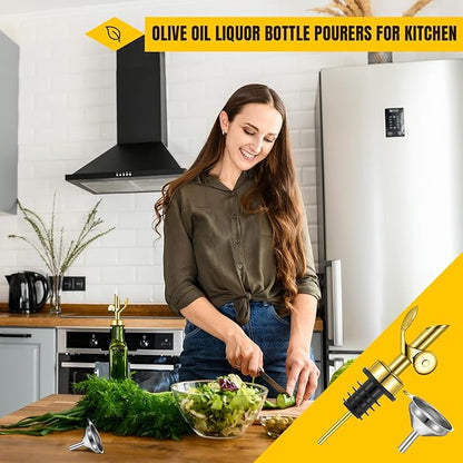 Tioncy 4 Pieces Weighted Stainless Steel Pourers Olive Oil Spout Olive Oil Dispenser Spout Automatic Opening and Closing with Funnel and Brush for Pouring Wine Syrup Kitchen(Gold)