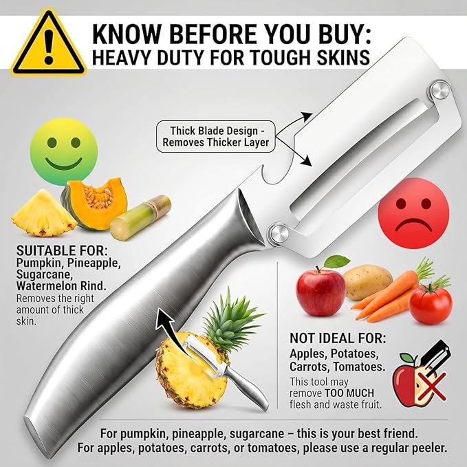 2-in-1 Multifunctional Vegetable Peeler for Kitchen, Heavy Duty Stainless Steel Blade with Wide Arc-Shaped Edge, Premium Fruit and Vegetable Peeler for Butternut Squash Pumpkin Pineapple Sugarcane - Image 6