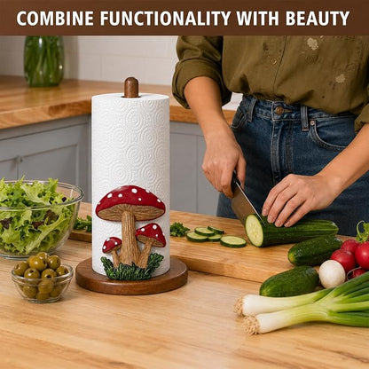 Mushroom Decor Paper Towel Holder, Cottage Core Decor for Kitchen Countertop, Cute Wood Paper Towel Holder Stand with 3D Resin Accent, Gifts for Women Mom Grandma