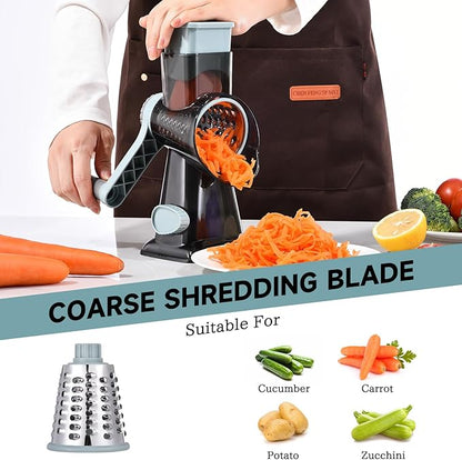 Rotary Cheese Grater with Handle Kitchen Shredder Slicer Grater Slicer Ice Shaver Cheese Vegetable Nuts Potato Zucchini Chocolate 3 Interchangeable Blades (GreyBlue - Image 3