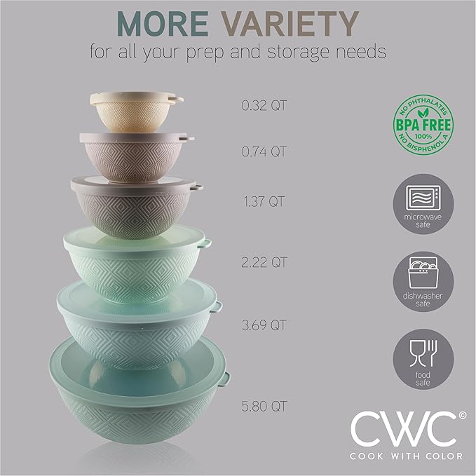 COOK WITH COLOR Mixing Bowls with Lids - 12 Piece Plastic Nesting Bowls Set includes 6 Prep Bowls and 6 Lids, Microwave Safe Mixing Bowl Set, Mint Rhombus - Image 2