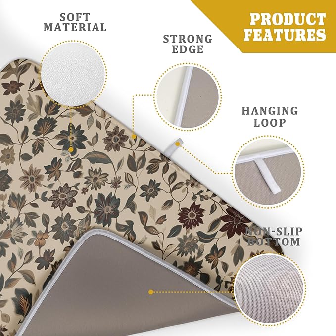 Giwawa 18"x24" Vintage Floral Decorative Dish Drying Mat- Rustic Boho Flowers Dish Drainer Mats- Abstract Antique Plant Reversible Microfiber Dish Drying Pad for Kitchen Countertop Sink Decor