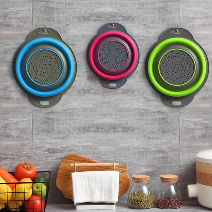 Qimh Collapsible Colander Set of 3 Round Silicone Kitchen Strainer Set - 2 pcs 4 Quart and 1 pcs 2 Quart- Perfect for Draining Pasta, Vegetable and fruit (green,blue, purple) - Image 4