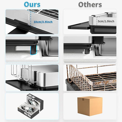 Ewaiira Dish Drying Rack, 2 Tier Large Dish Rack, Stainless Steel Dish Drainer for Kitchen Counter, Dishes Rack with Automatic Drainage, Utensil Holder,Cups Holder,Space Saving Kitchen Organizer,Black - Image 9
