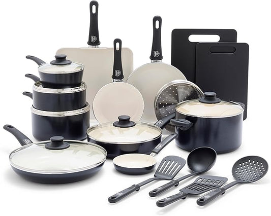 GreenLife Soft Grip Healthy Ceramic Nonstick 23 Piece Kitchen Cookware Pots and Frying Sauce Saute Pans Set with Kitchen Utensils, PFAS-Free, Dishwasher Safe, Black
