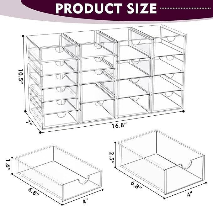 YFXCVSL Acrylic Makeup Organizer with 19 Drawers, 4 Pack Clear Storage Drawers, Bathroom Makeup Organizer for Palettes, Cosmetic, and Beauty Supplies,Ideal for Vanity, Cabinet,Desk Organization - Image 3