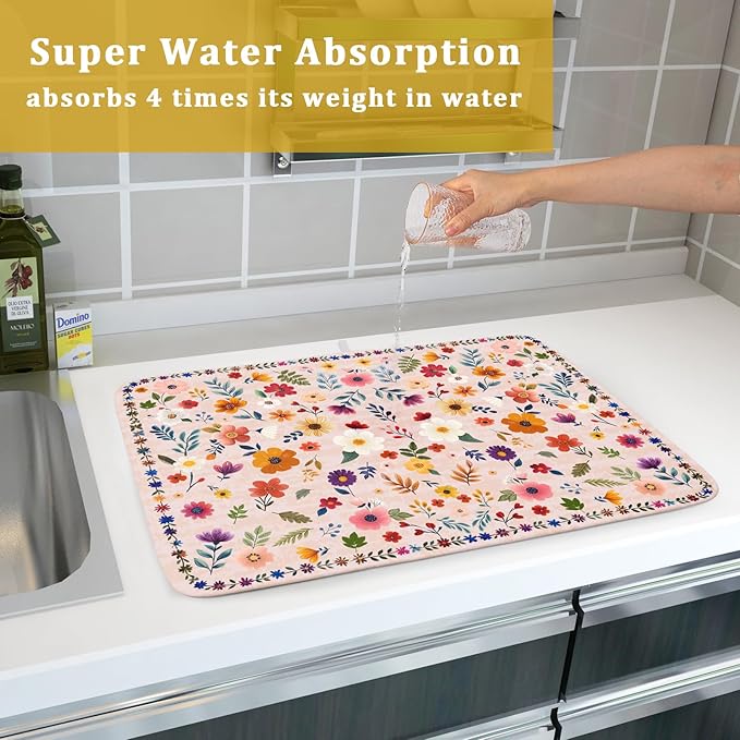 Spring Flowers Dish Drying Mat - Summer Pink Floral Washable Decorative Drying Pad for Women Home Kitchen Decor - Image 7
