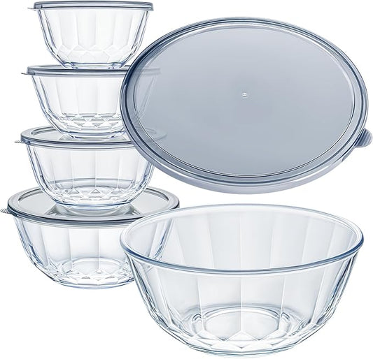 Luvan Glass Mixing Bowls with Lids Set of 5(0.85qt,1.11qt,1.69qt,2.85qt,4.7qt), Large Salad Bowl with Diamond Pattern & Grey Transparent Lids, Kitchen Clear Mixing Bowl for Serving Baking Prep Storage by Luvan