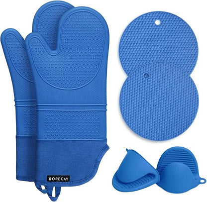 Rorecay 6pcs Oven Mitts and Pot Holders Sets for Kitchen, Extra Long Non-Slip Silicone Oven Gloves Heat Resistant 500 Degrees Potholders Hot Pads for Baking Cooking, Quilted Liner, Lake Blue by Rorecay