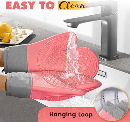 Silicone Oven Mitts (2 PCS), Waterproof Non Slip Grip Oven Gloves with Thick Soft Cotton Lining, Universal Fit Heat Resistant Kitchen Gloves for Baking, BBQ, Cooking and Grilling-Pink