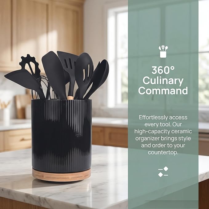 QUELIEN Utensil Holder, 360° Rotating Ceramic Kitchen Utensil Holder for Countertop, 7.7" Utensil Crock for Kitchen Counter with Rotatable Wooden Base,Ideal Housewarming Gift & Mothers Day Gift