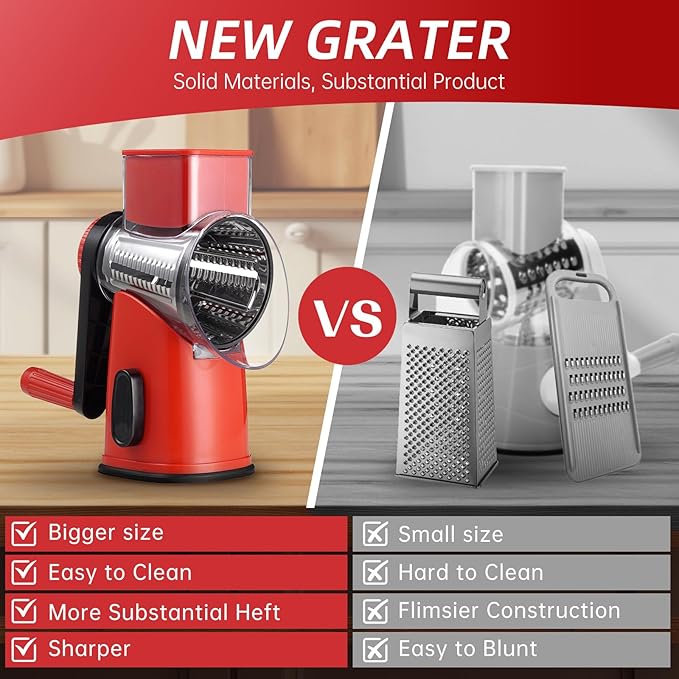 Rotary Cheese Grater with 4 Blades, Hand Crank Cheese Grater with Waffle Slicer, Red, Black and White Cheese Shredder with Suction Base, Easier for Shredding & Grating (Red)