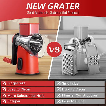 Rotary Cheese Grater with 4 Blades, Hand Crank Cheese Grater with Waffle Slicer, Red, Black and White Cheese Shredder with Suction Base, Easier for Shredding & Grating (Red)