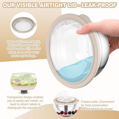TeamFar Mixing Bowls, 4.5/3/1.5/1/0.7 QT Stainless Steel Nesting Salad Bowls with Visible Lids, For Serving/Mixing/Storing, Non-Toxic & Heavy Duty, Airtight & Easy Clean, Khaki, Set of 5 - Image 4