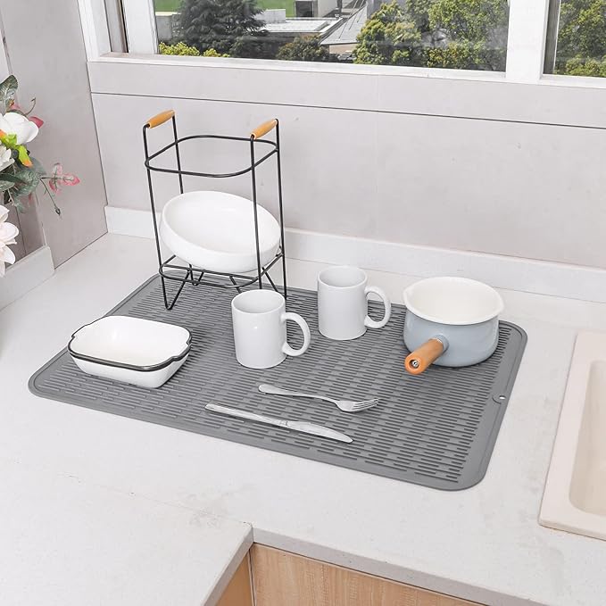 MicoYang Silicone Dish Drying Mat for Multiple Usage,Easy clean,Eco-friendly,Heat-resistant Silicone Mat for Kitchen Counter or Sink,Refrigerator or Drawer Liner Grey 3XL 28 inches x 18 inches - Image 5