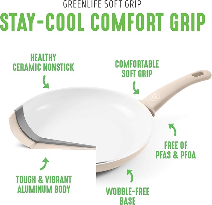 GreenLife 16 Piece Nonstick Cookware Set, Soft Grip Non-Toxic PFAS-Free Ceramic Pots & Pans, Dishwasher & Oven Safe, Frying, Sauce, Saute, Utensils, Glass Lids, Stay-Cool Handles, Wobble Free, Taupe - Image 4