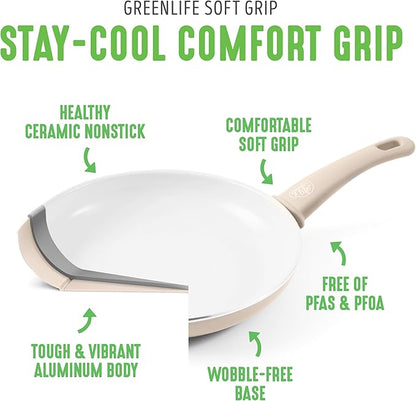 GreenLife 16 Piece Nonstick Cookware Set, Soft Grip Non-Toxic PFAS-Free Ceramic Pots & Pans, Dishwasher & Oven Safe, Frying, Sauce, Saute, Utensils, Glass Lids, Stay-Cool Handles, Wobble Free, Taupe - Image 4
