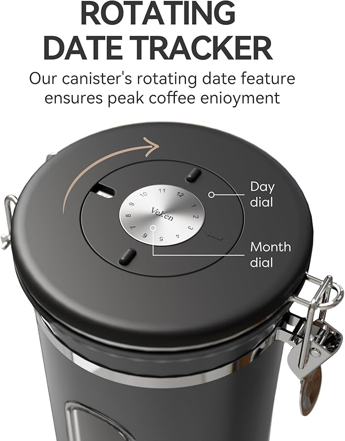 Veken Coffee Canister with Window,Airtight Stainless Steel Kitchen Food Storage Container, Date Tracker & Scoop for Grounds Coffee, Beans, Tea, Flour, Cereal,Sugar,22OZ,Grey - Image 4