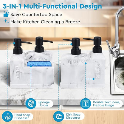 Kitchen Hand Soap and Dish Soap Dispenser Set,Dual Soap Dispenser with Sponge Holder 3-in-1 Organizer for Kitchen Sink,Bathroom,Useful Kitchen Gadgets - White Marble Look
