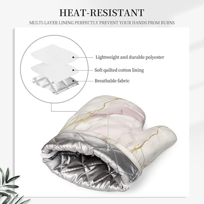Oven Mitts and Pot Holders Light Pink White Marble Silicone Kitchen Accessories Set of 4 Heat Resistant Long Gloves Potholder Non-Slip Grip for Chef Cooking Baking Grilling BBQ