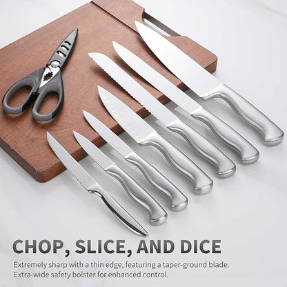 15-Piece Stainless Steel Chef Kitchen Knife Sets with Block & Built-In Sharpener, Professional Chef Knife Sets with Scissors, Steak Knives