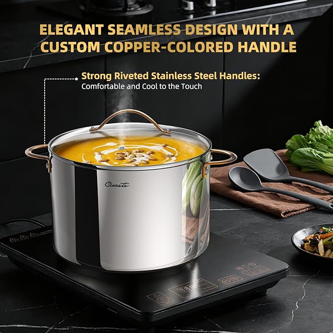 Ciwete 12 Quart Stock Pot with Lid, Upgraded Tri-Ply Stainless Steel Pot, Seamless Large Cooking Pot with Stay-Cool Brass Handle, Healthy Polished Stockpots, Induction Cookware, Oven & Dishwasher Safe - Image 6