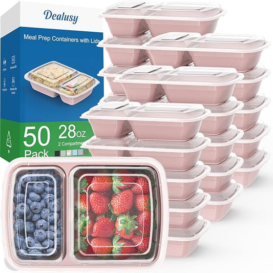 Dealusy 50 Pack (100-Piece) 28 oz Meal Prep Containers Reusable with Lids 2-Compartment, Sturdy Leakproof Food Safe, Microwave Freezer Dishwasher Safe, To Go Take Out Plastic Food Storage, Pink