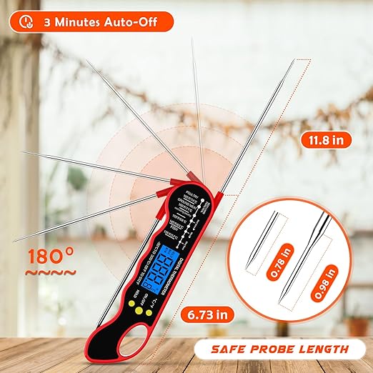 TRAUSI Instant Read Meat Thermometer, Fast & Accurate Digital Food Thermometer with Backlight, Waterproof & Magnet for Grilling, Cooking, BBQ, Smoker, Baking, and Candy Making Red - Image 5