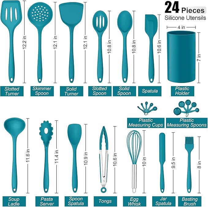 E-far Silicone Cooking Utensils Set, 24Pcs Heat Resistant Kitchen Utensil with Holder, Silicone Kitchen Tools with Spatula Turner Spoon Tongs Whisk, Non-Toxic & Dishwasher Safe (Blue) - Image 2