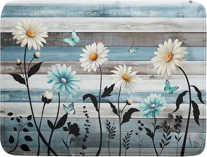 Blue White Daisy Floral Dish Drying Mat for Kitchen Counter,Sprinng Rustic Wood Drying Mat 18 x 24 Inch with Absorbent Reversible Microfiber Drying Pad for Coffee Bar by Anyako