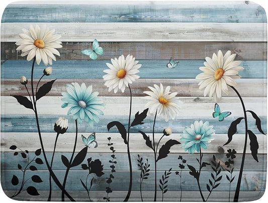 Blue White Daisy Floral Dish Drying Mat for Kitchen Counter,Sprinng Rustic Wood Drying Mat 18 x 24 Inch with Absorbent Reversible Microfiber Drying Pad for Coffee Bar by Anyako