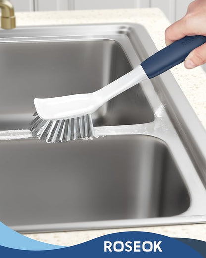 ROSEOK Dish Brush with Built-in Scraper,Kitchen Scrub Brush for Cleaning Dishes,Pots,Non-Stick Pans and Sinks,Navy Blue,2 Pack - Image 8