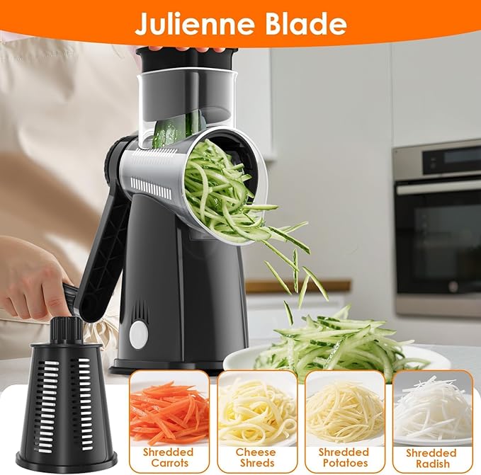 MealHelper 5 Blade Rotary Cheese Grater and Vegetable Chopper with Storage Box and Hand Crank, Compact Shredder for Cheeses, Veggies, Nuts - Easy to Use, Non-slip Suction Base,Black - Image 2