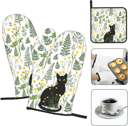 Black Cat Wildflower Hot Pads and Oven Mitts Set of 3, Spring Summer Plants Kitchen Decor Potholders and Oven Mitts, Baking and Cooking Gifts for Chef Baker, Black Cat Gifts for Women & Kitchen Decor