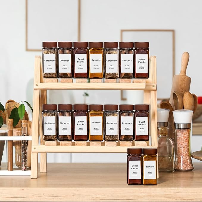 16 Pcs Spice Jars, 4oz Seasoning Containers with Acacia Wood Shaker Lids, Glass Spice Bottles with Labels, Square Seasoning Organizer, Kitchen Spice Container - Image 5