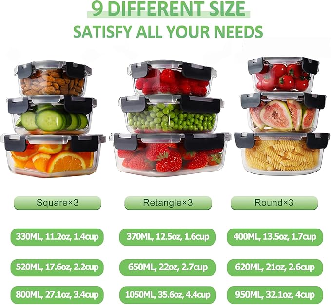 HOMBERKING 18 Piece Glass Food Storage Containers with Lids, Glass Meal Prep Containers, Airtight Lunch Bento Boxes, BPA-Free & Leak Proof, Oven, Freezer and Dishwasher Safe (9 lids & 9 Containers) - Image 3
