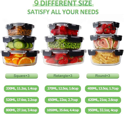 HOMBERKING 18 Piece Glass Food Storage Containers with Lids, Glass Meal Prep Containers, Airtight Lunch Bento Boxes, BPA-Free & Leak Proof, Oven, Freezer and Dishwasher Safe (9 lids & 9 Containers) - Image 3