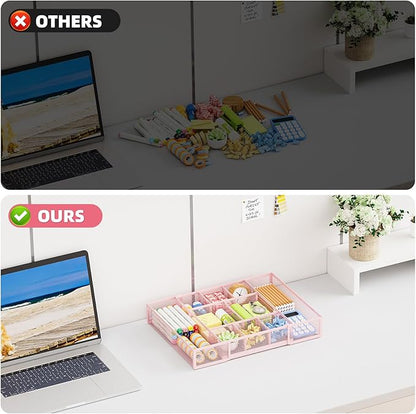 Marbrasse Expandable Desk Drawer Organizer, Mesh Tray with 10 Adjustable Compartments, Desk Organizers for Office Supplies, Makeup & Vanity (Expandable-Pink) - Image 8