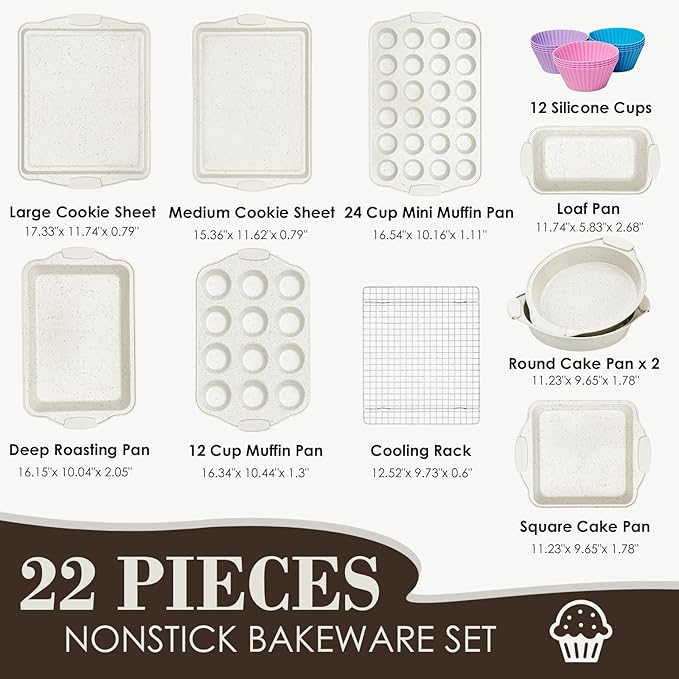 Baking Pans Set Nonstick, Stackable Bakeware Sets with Silicone Handles, AIVIKI 22 Pieces Oven Pan for Cooking Including Baking Cookie Sheet with Rack, Roast Pan, Cake Pan, Loaf Pan, Muffin Pan, Cream - Image 2