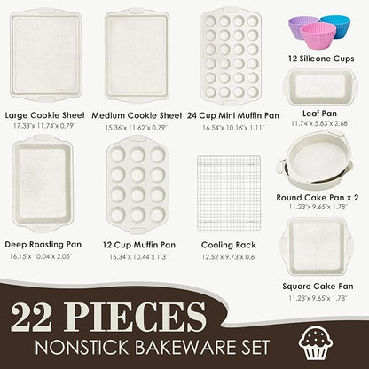 Baking Pans Set Nonstick, Stackable Bakeware Sets with Silicone Handles, AIVIKI 22 Pieces Oven Pan for Cooking Including Baking Cookie Sheet with Rack, Roast Pan, Cake Pan, Loaf Pan, Muffin Pan, Cream - Image 2