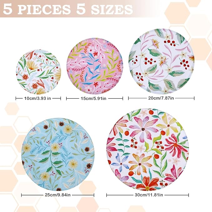 5-Size Reusable Beeswax Bowl Covers for Bread Proofing, Cotton Cloth Flexible Beeswax Wraps for Food Storage(Rainbow Floral) - Image 2