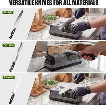 5-in-1 Electric Knife Sharpener for All Knives – Diamond Abrasive Sharpener with 3 Speeds & LCD Display | Sharpens Straight, Serrated, Kitchen Knives & Scissors | Automatic, Safe, Easy to Use (gery)
