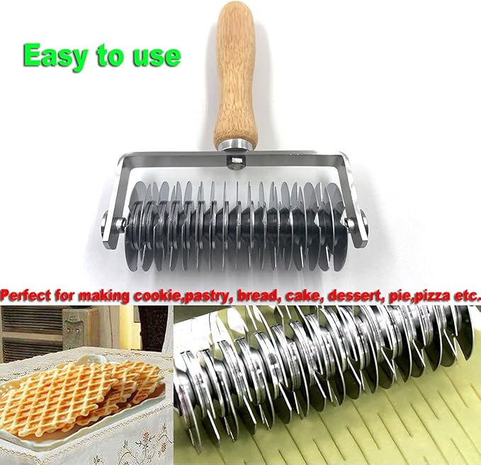 Stainless Steel Dough Lattice Roller Cutter with Wood Handle,Cookie Pie Dessert Pizza Bread Pastry Crust Roller Cutter