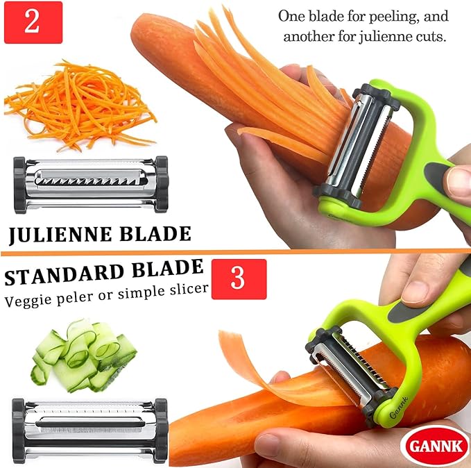 GANNK Potato Apple Vegetable Peelers for Kitchen, I and Y Peelers for Fruit Veggie Potatoes Carrot Cucumber, 3 in 1 Blade Spin Design With Julienne Function - Image 3