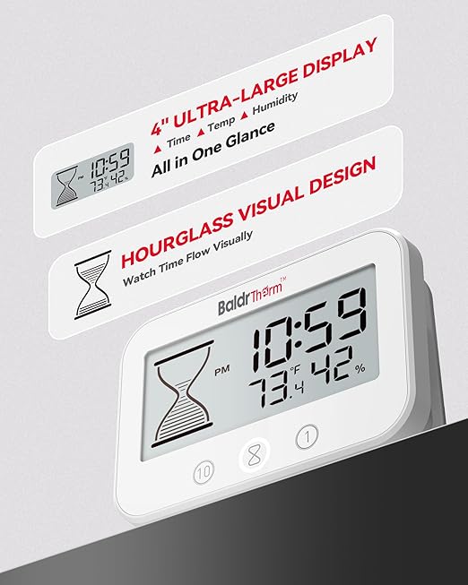 Baldrtherm Digital Timer, Works as a Countdown Timer, Real-time Clock, Hygrometer Thermometer. IP67 Waterproof Safe for Kitchen Bathroom Use. (White)