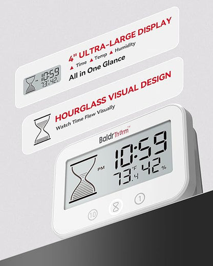 Baldrtherm Digital Timer, Works as a Countdown Timer, Real-time Clock, Hygrometer Thermometer. IP67 Waterproof Safe for Kitchen Bathroom Use. (White)