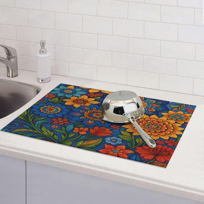 Colorful Mandala Dish Drying Mats for Kitchen Counter, Large 18"x24" Dish Mats for Drying Dishes, Microfiber Absorbent Dish Drying Pad Rack Mat Kitchen Decor Reusable Washable