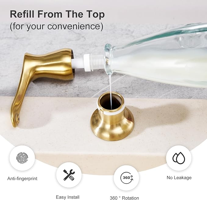 GAGALIFE Kitchen Sink Soap Dispenser Gold, Built in Soap Dispenser with 17 OZ Bottle, Refill from The Top, Liquid Dispenser for Kitchen Sink - Image 5