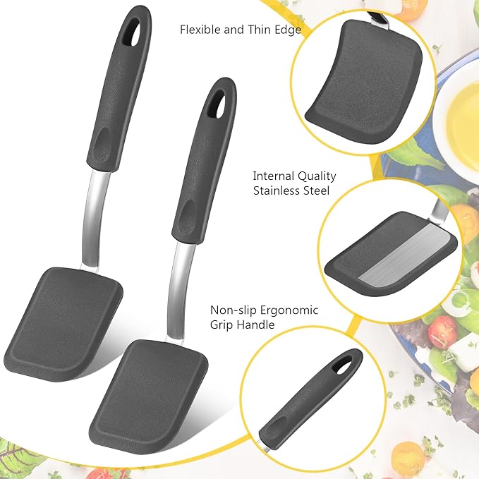 Silicone Cookie Spatula Turner 2 Pack Mini Brownie Spatula Flexible Kitchen Small Silicone Turner for Nonstick Cookware Heat Resistant No Scratch Flipper for Egg Pancake(Grey) - Image 4